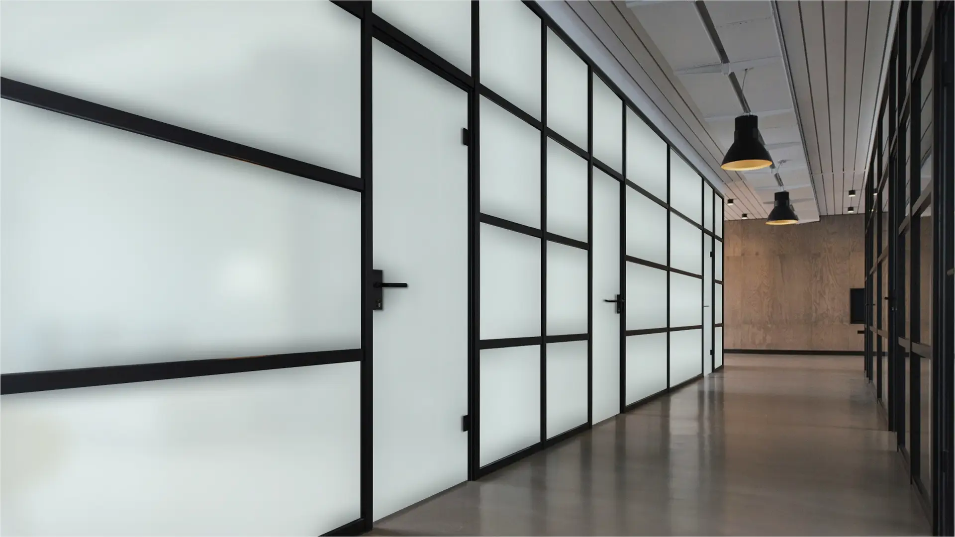 Office conference room with smart glass switched to opaque mode for instant meeting privacy.